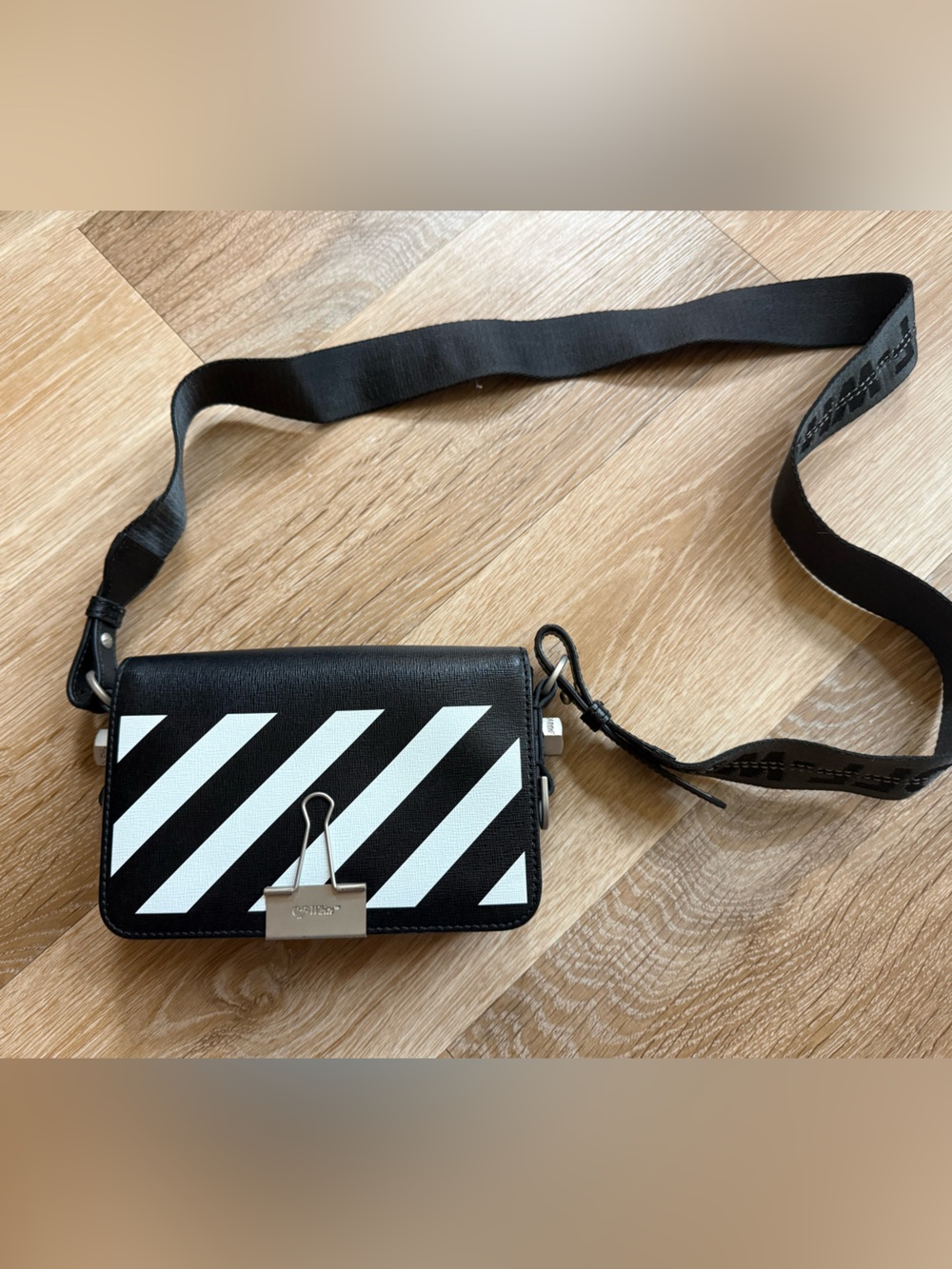 Off-White Diagonal Stripe Binder Clip Bag